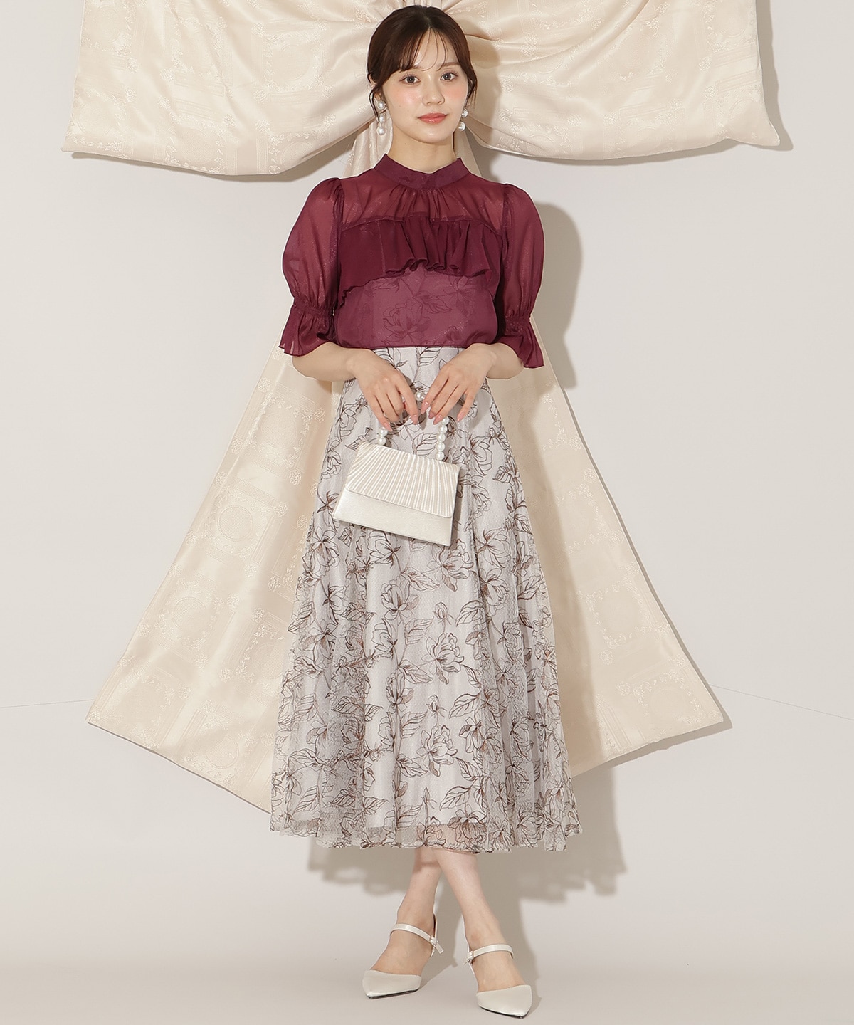 フリル切り替えシフォンブラウス