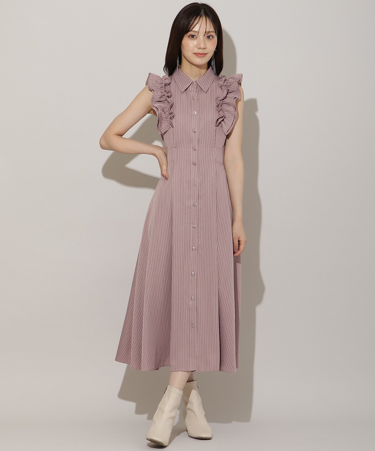 フリルスリーブリボンタイシャツワンピース