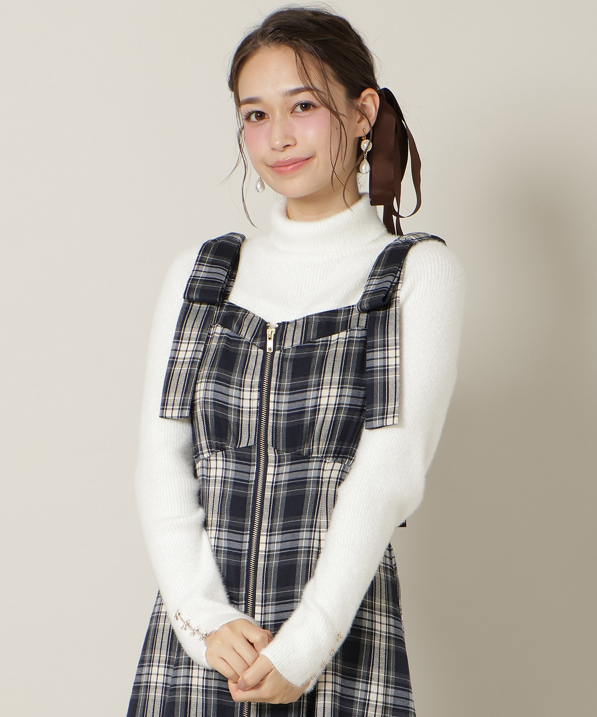 【新色追加】ショルダーリボンフロントZIPワンピース