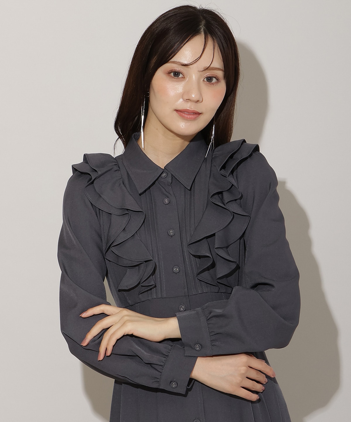 ナローリボンフリルシャツワンピース