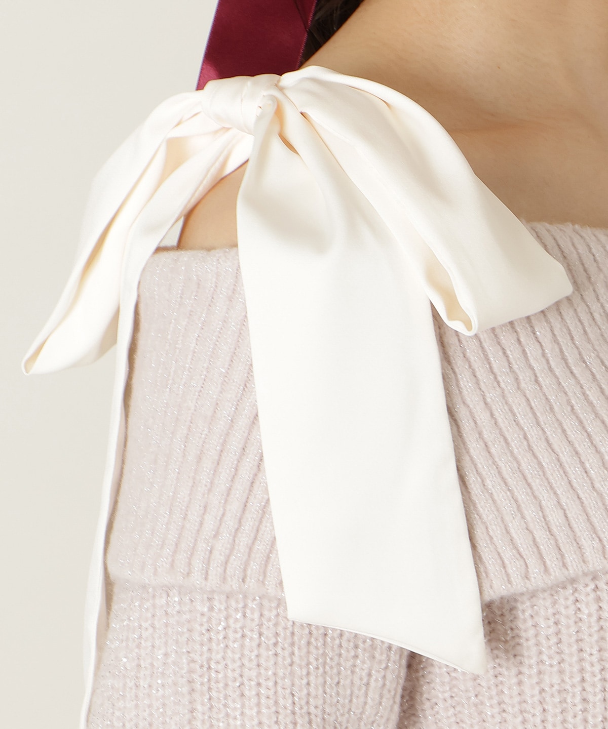 リボンショルダーオフショルニットワンピース