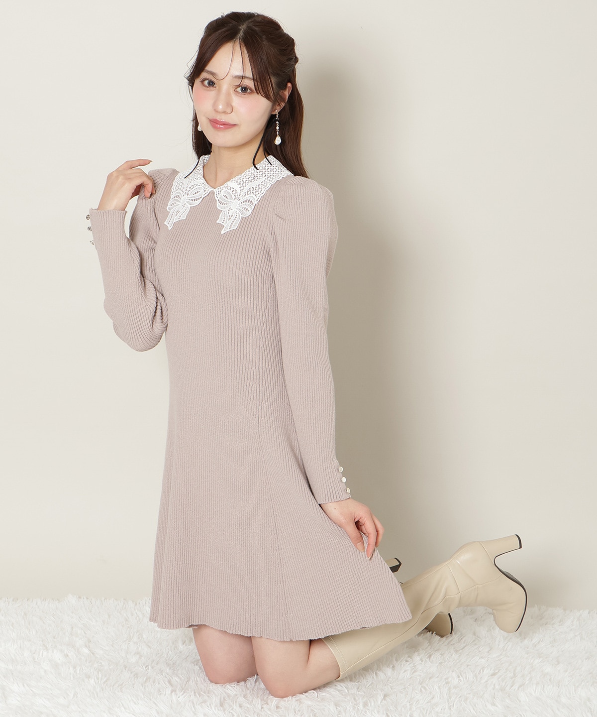 【12/5(fri)10時発売】リボンレースカラーニットワンピース