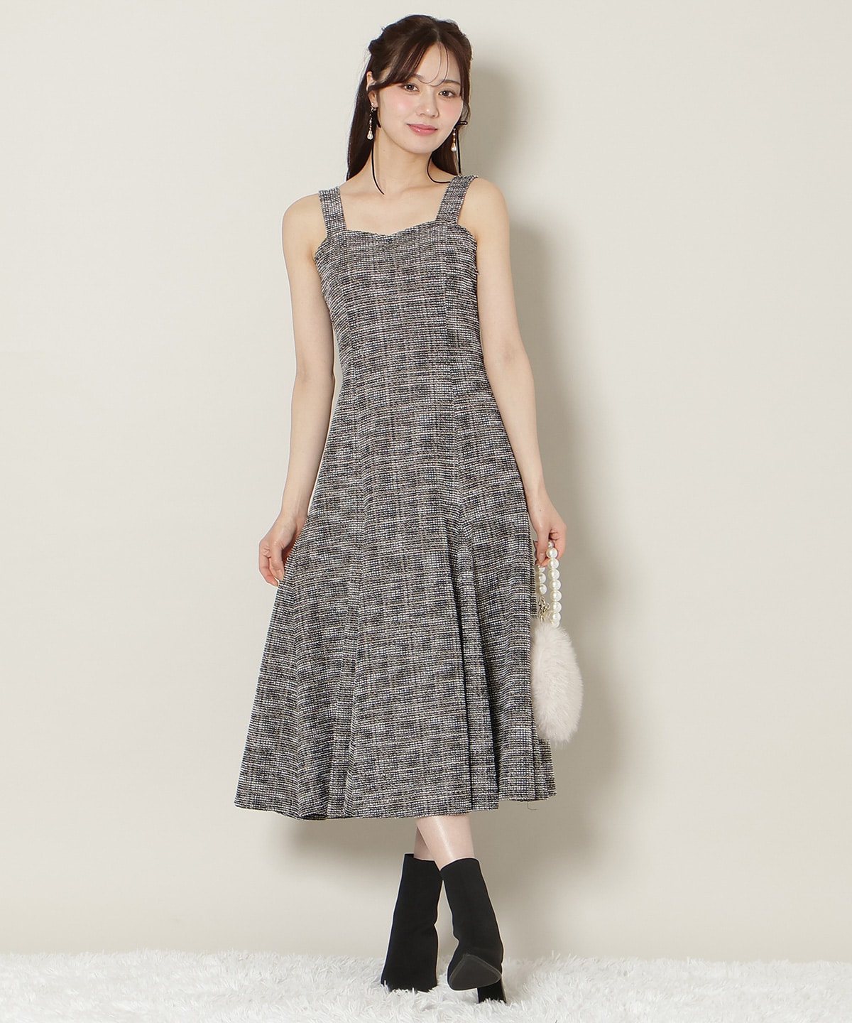 カットツイードワンピース×フェザーニットSET(F ベージュ