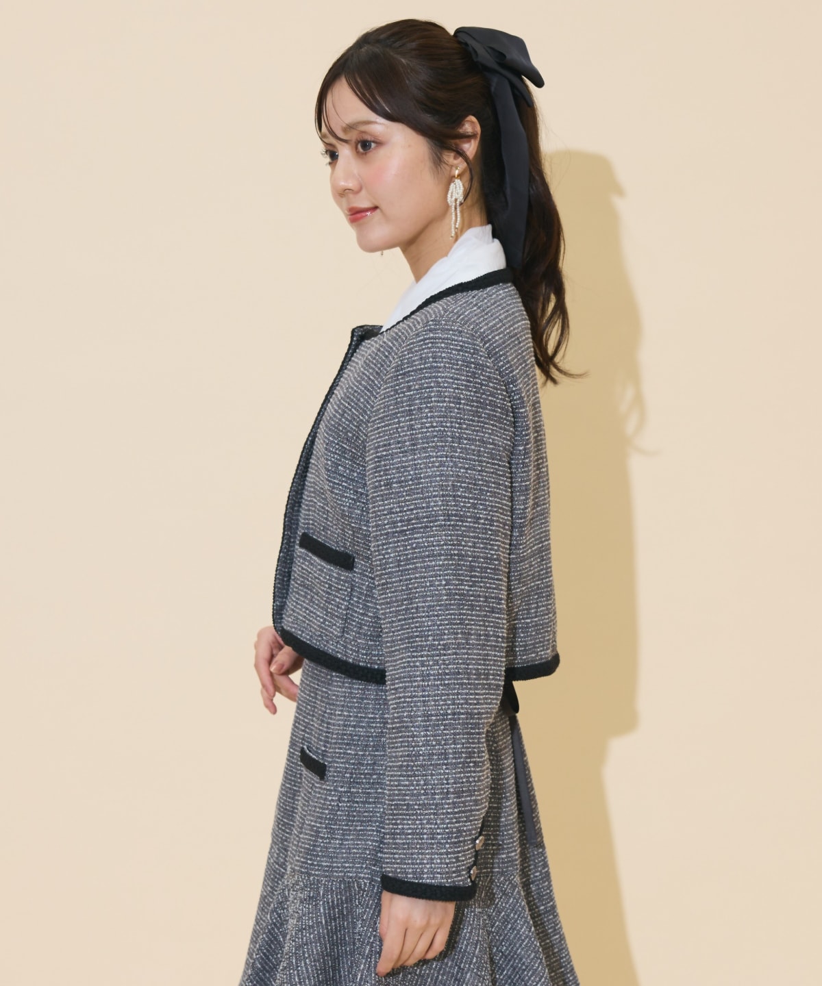 ブレードデザインノーカラーツイードジャケット