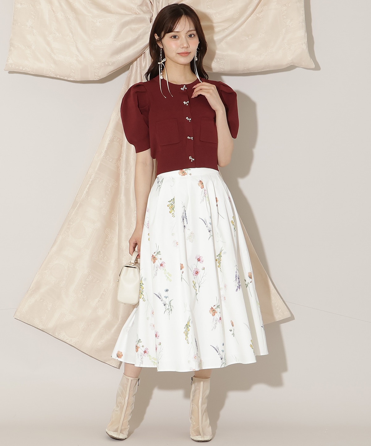 ビジューリボンタックスリーブカーディガン