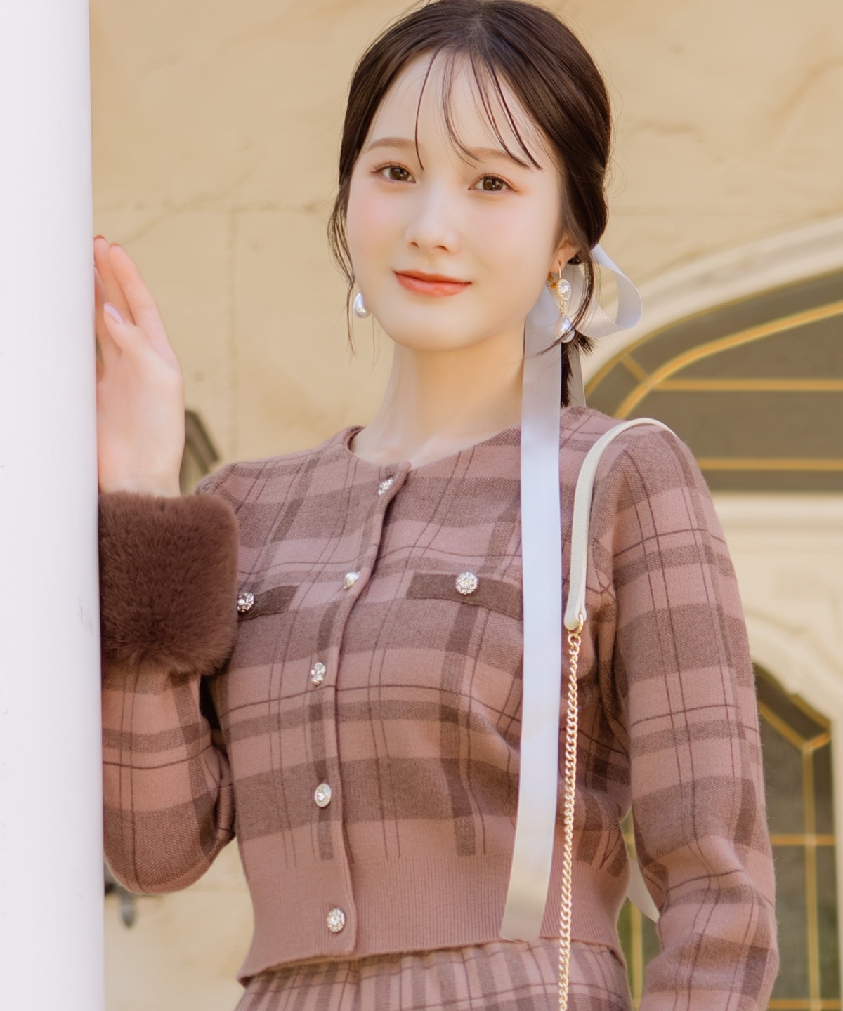 【10/17(fri)12時発売】チェック柄ファーカフスカーディガン