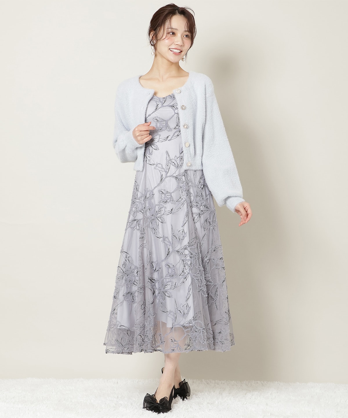 ラウンドネックラメフェザーカーディガン