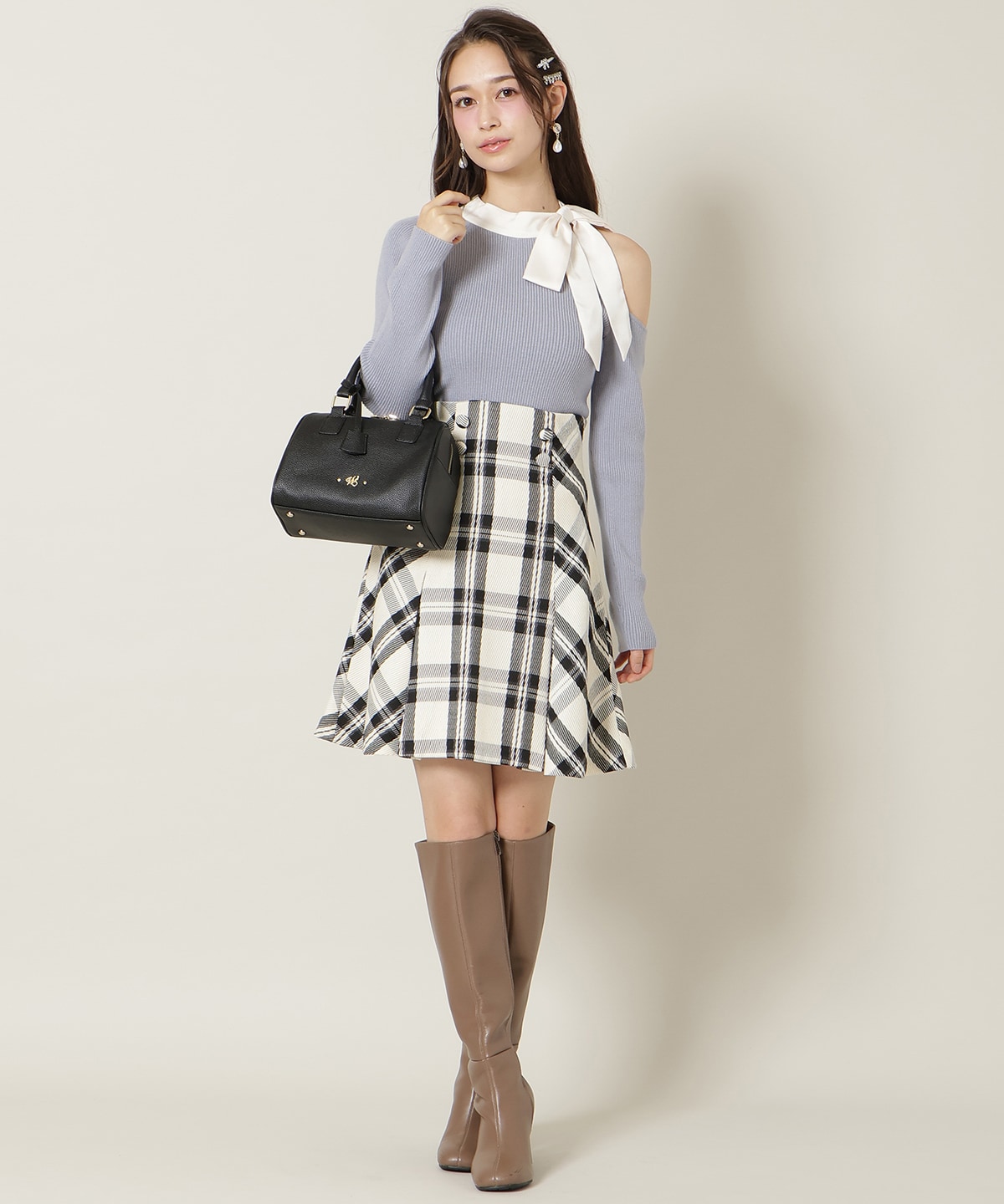 ワンショルリボンタイリブニット