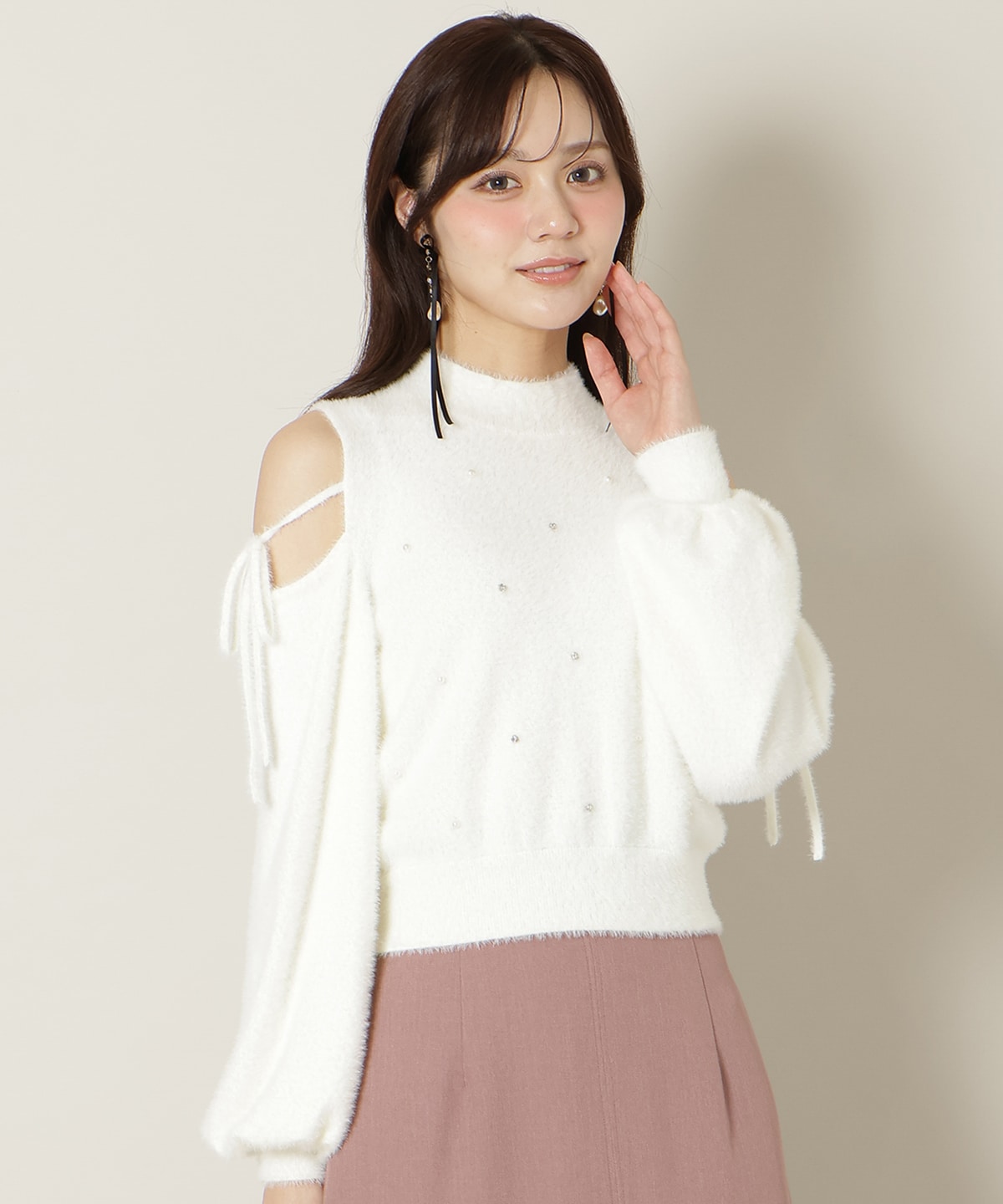 パールビジューフェザーニットトップス