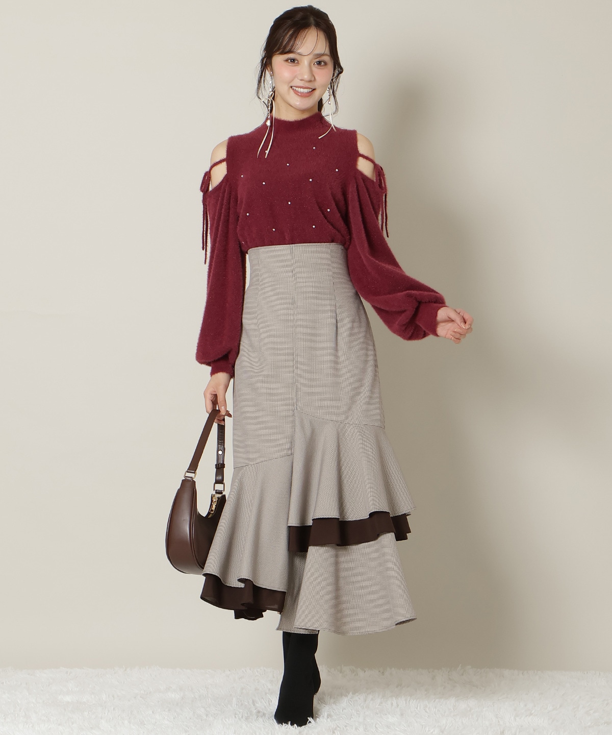 パールビジューフェザーニットトップス