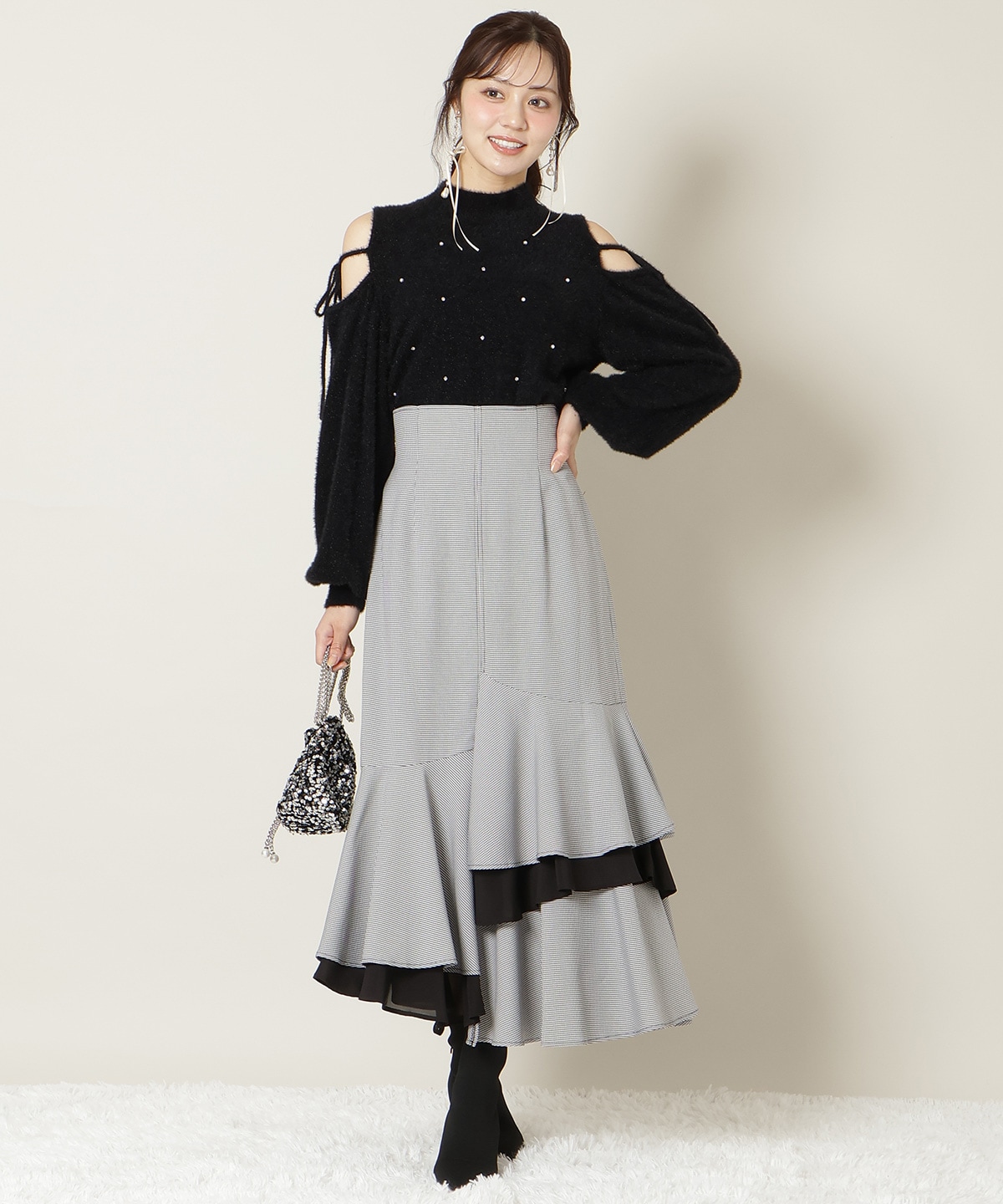 パールビジューフェザーニットトップス