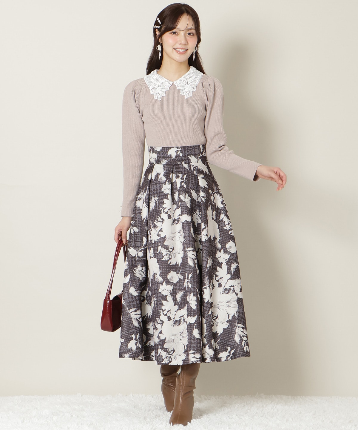 リボンレースカラータックスリーブニット