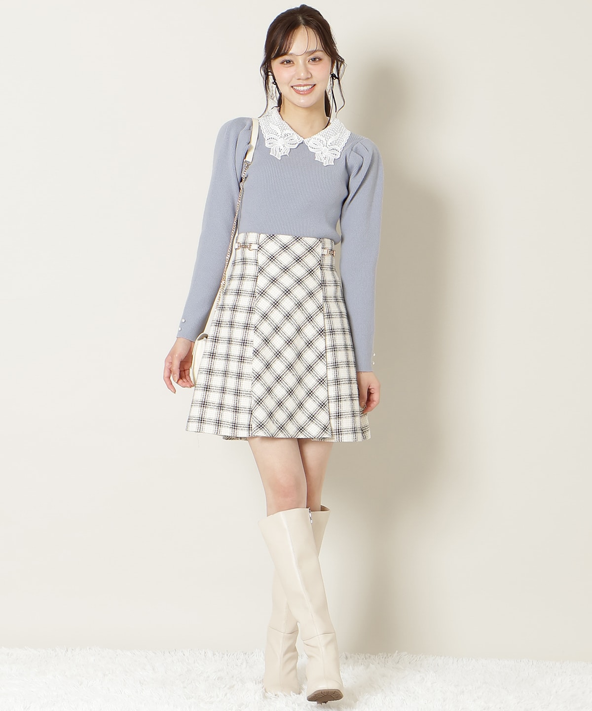 リボンレースカラータックスリーブニット