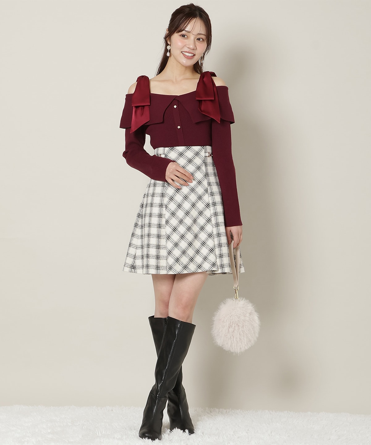 リボンオフショルニットプルオーバー