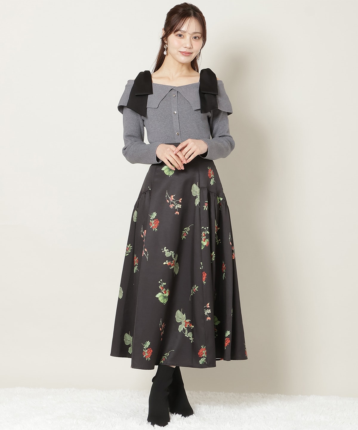 リボンオフショルニットプルオーバー