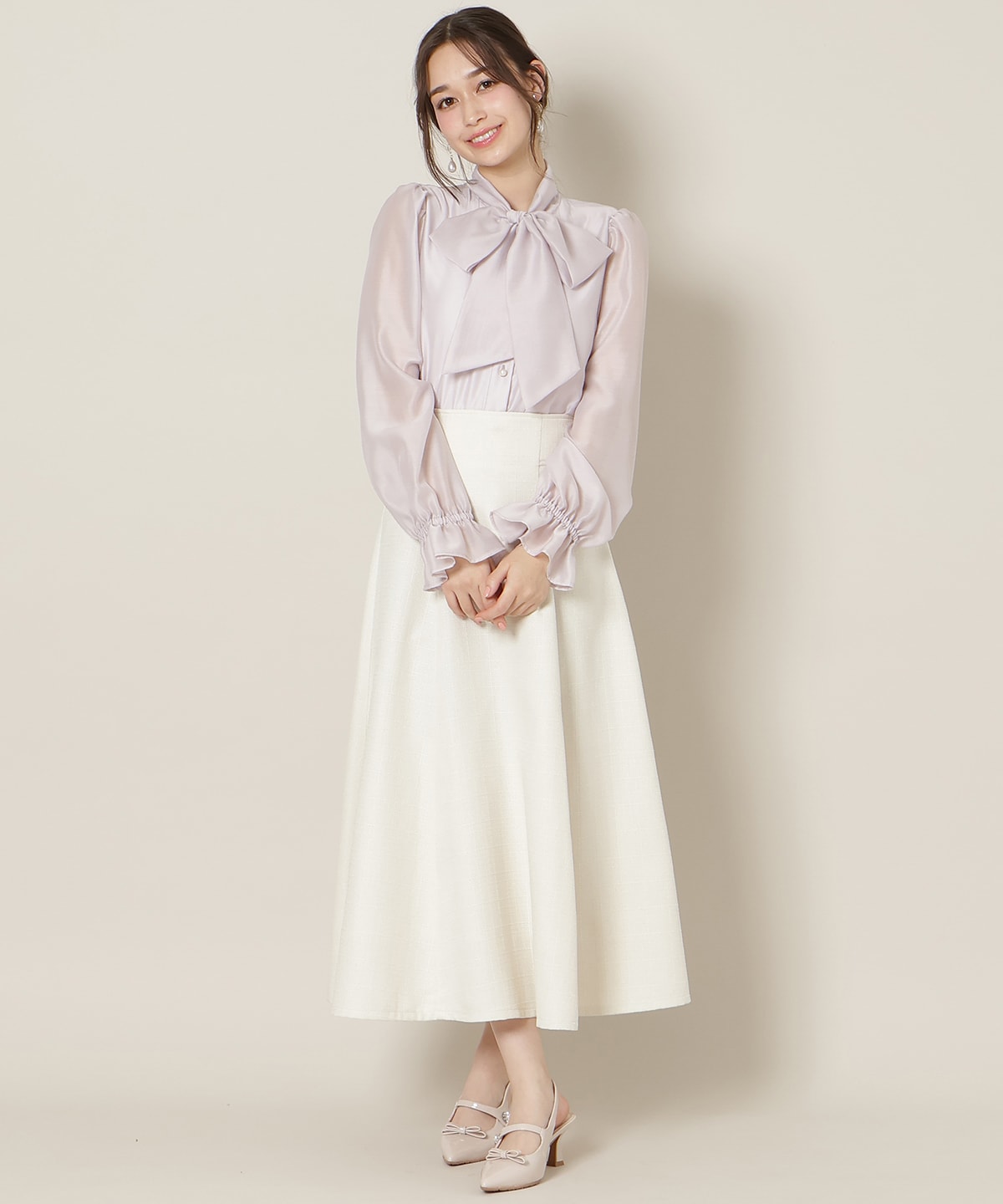 フリルスリーブシアーボウタイブラウス