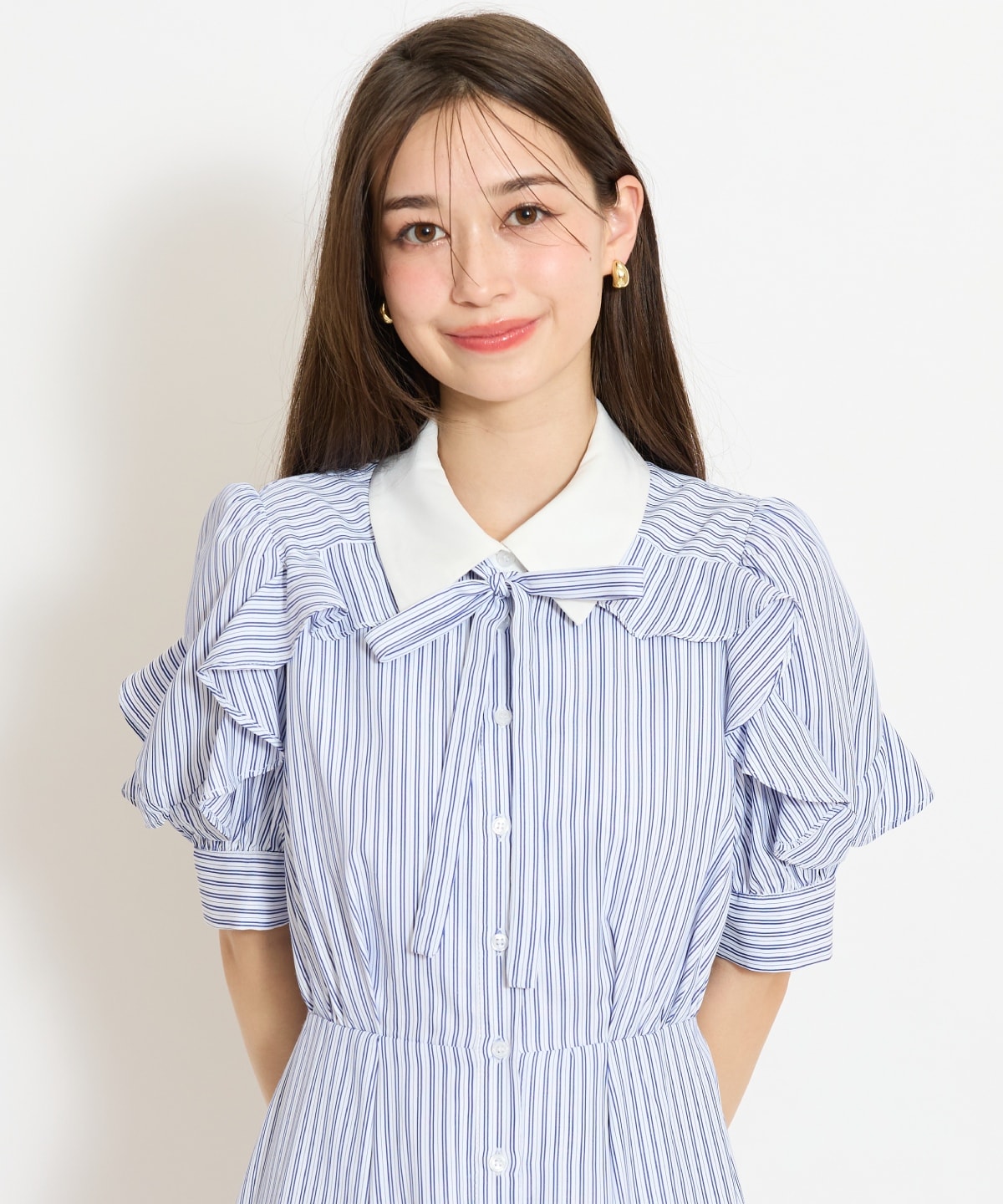 ラッフルパフスリーブシャツワンピース