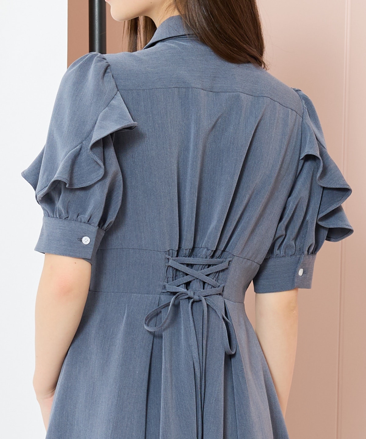 ラッフルパフスリーブシャツワンピース