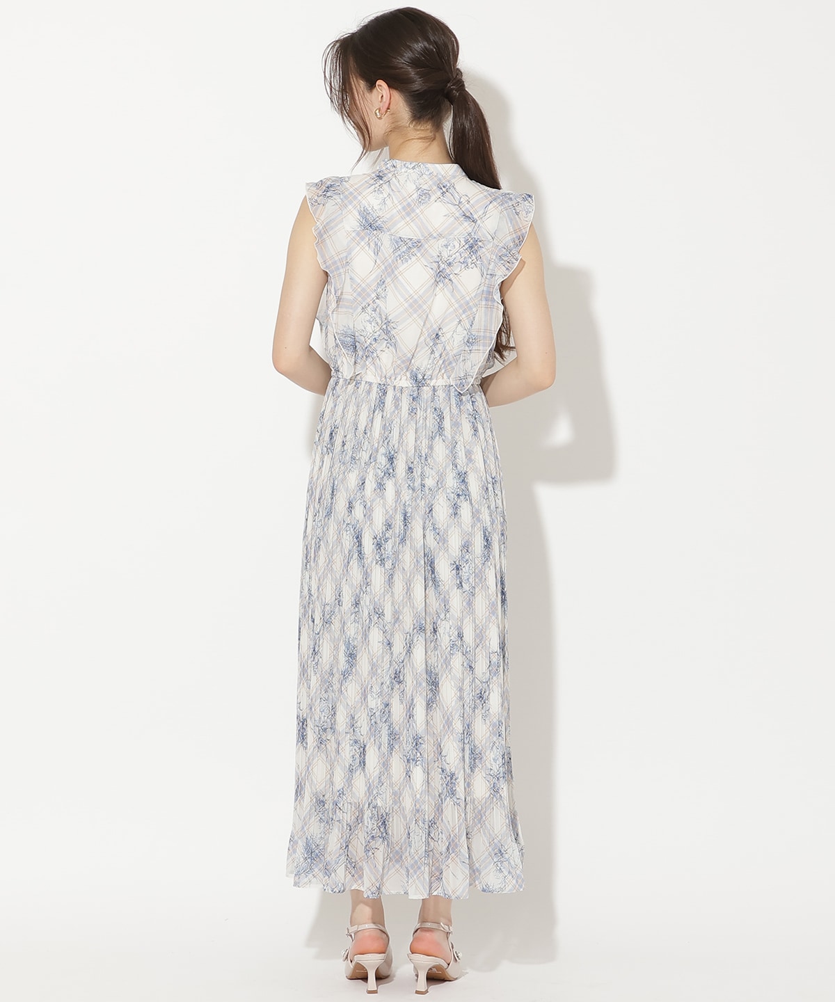 フラワーチェックプリントプリーツ切替ワンピース