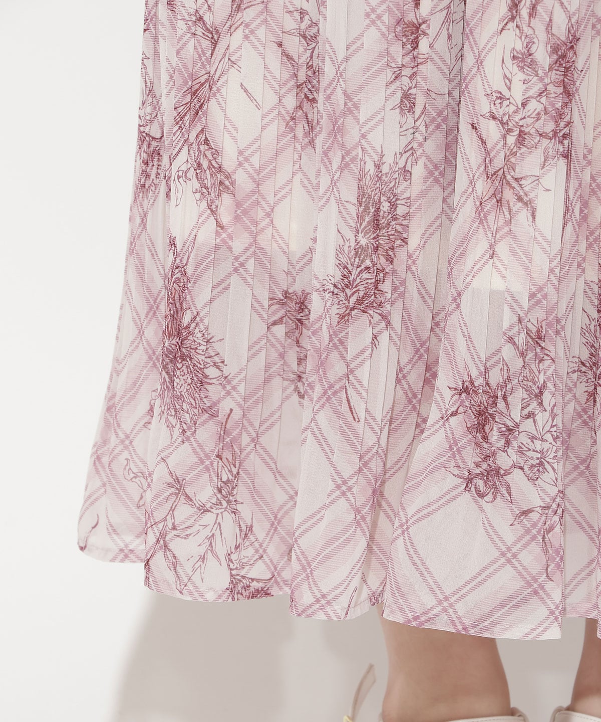 フラワーチェックプリントプリーツ切替ワンピース