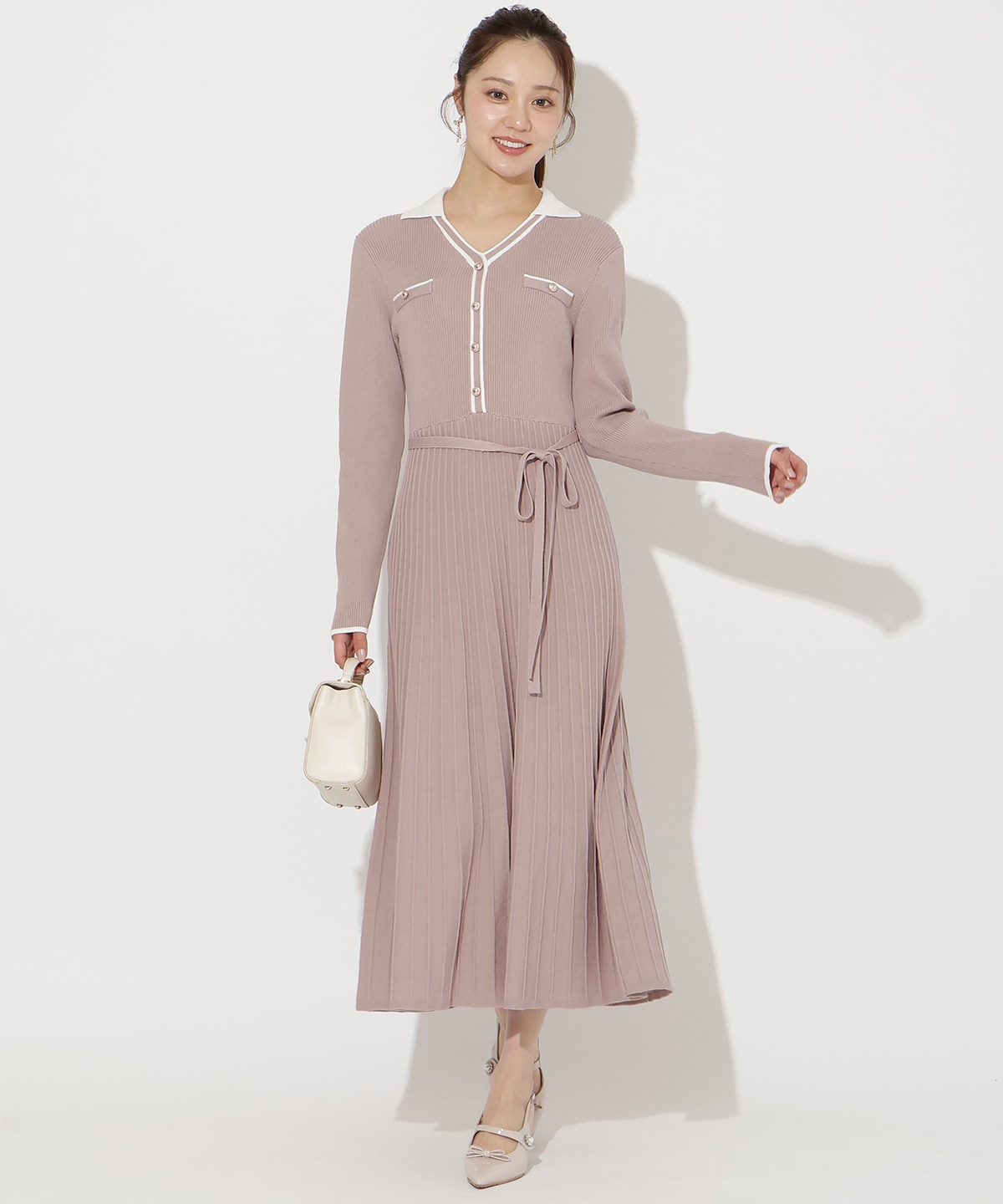 バイカラープリーツニットワンピース