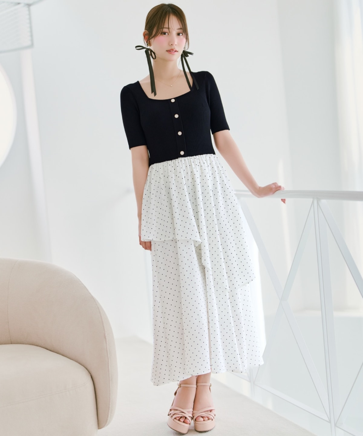 アシメティアードニットコンビワンピース