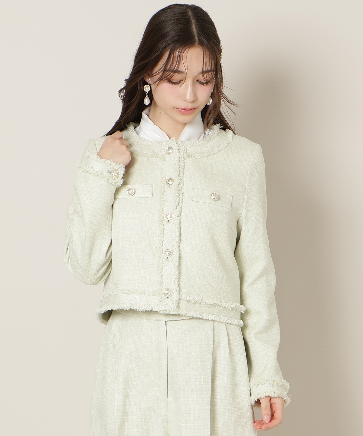 ノーカラーフリンジツイードジャケット