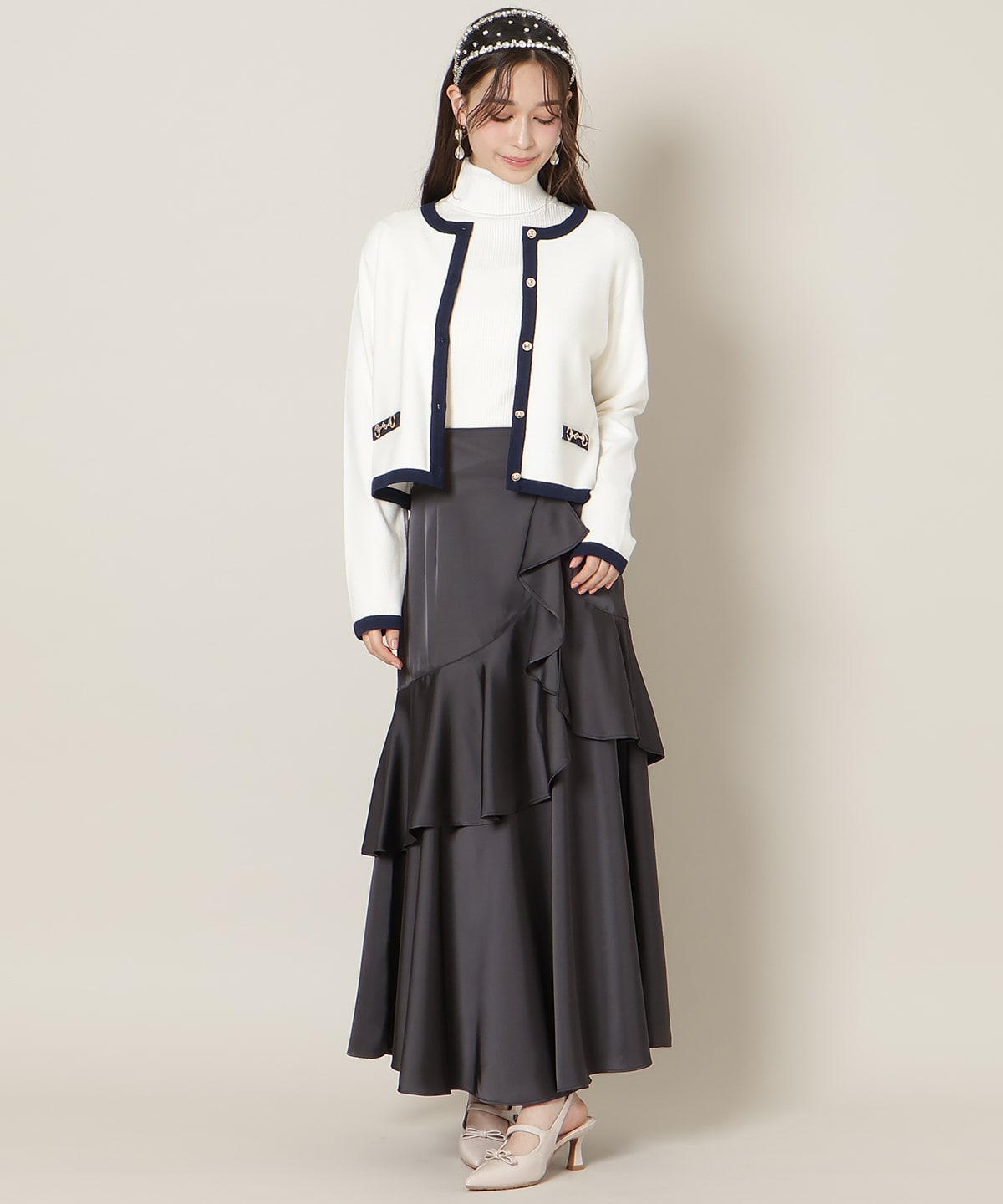 バイカラーアンサンブル【ハイネックトップス×カーディガンセット】