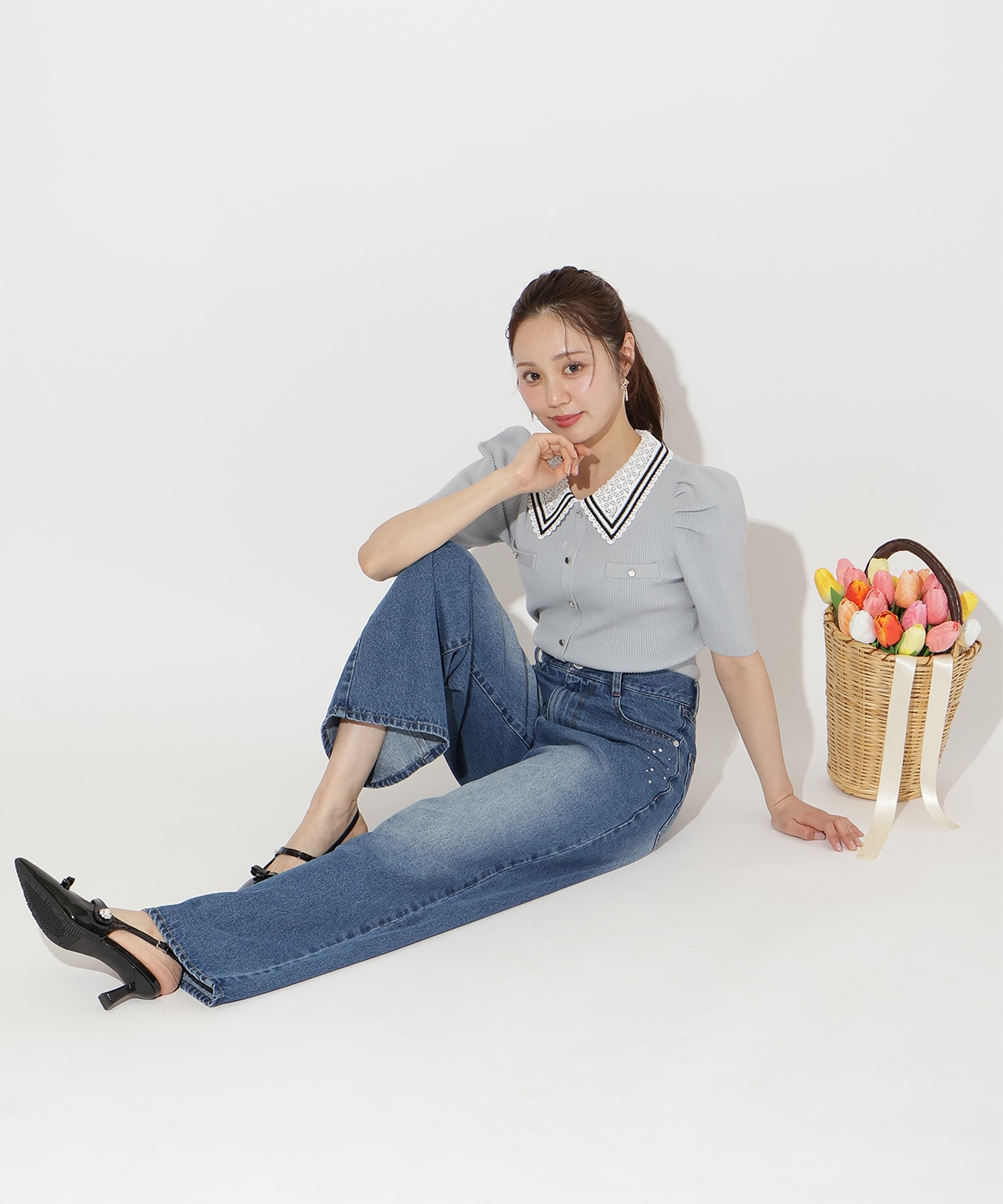 バイカラーレース襟リブニット