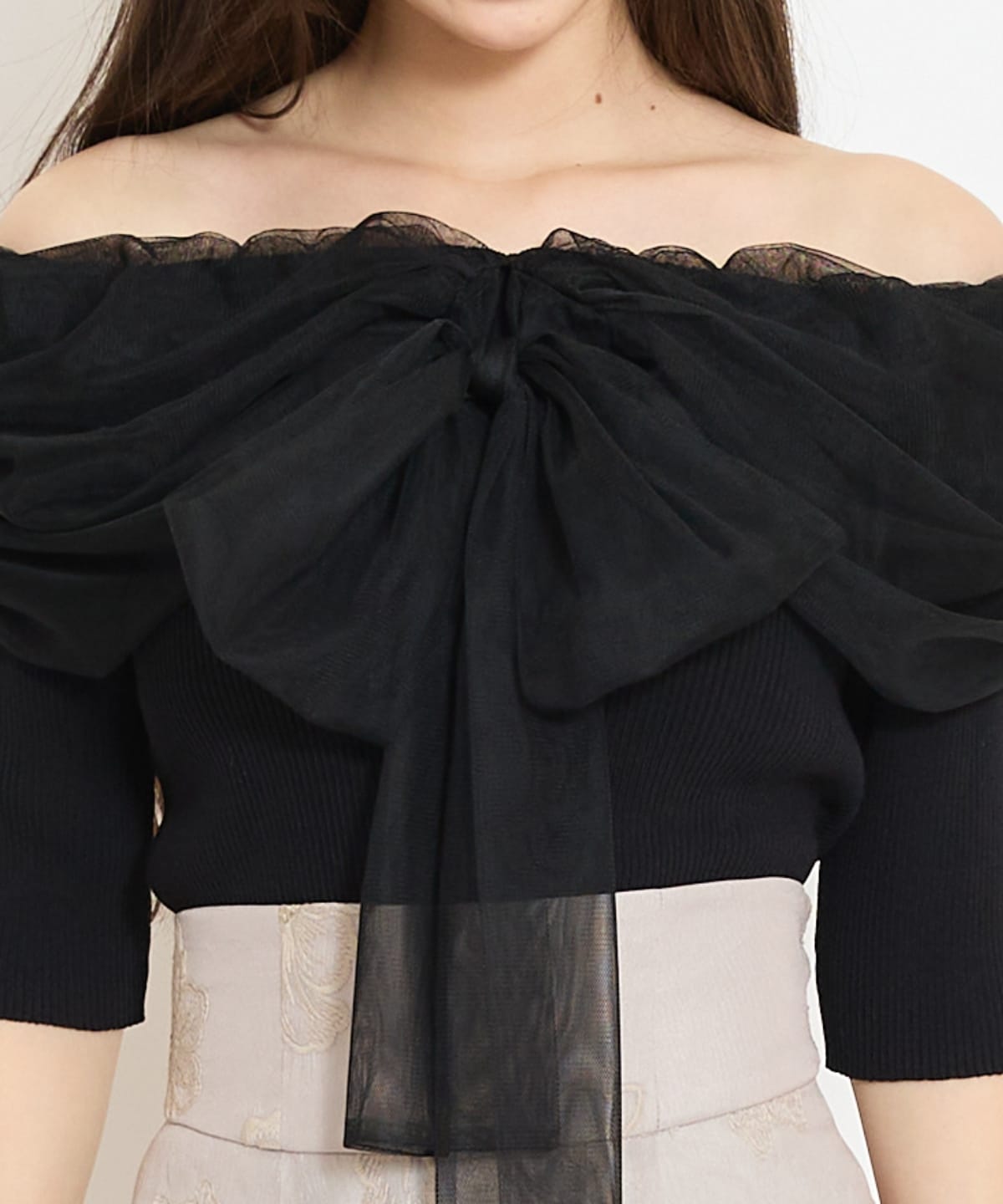 リボンチュールレイヤードリブニット