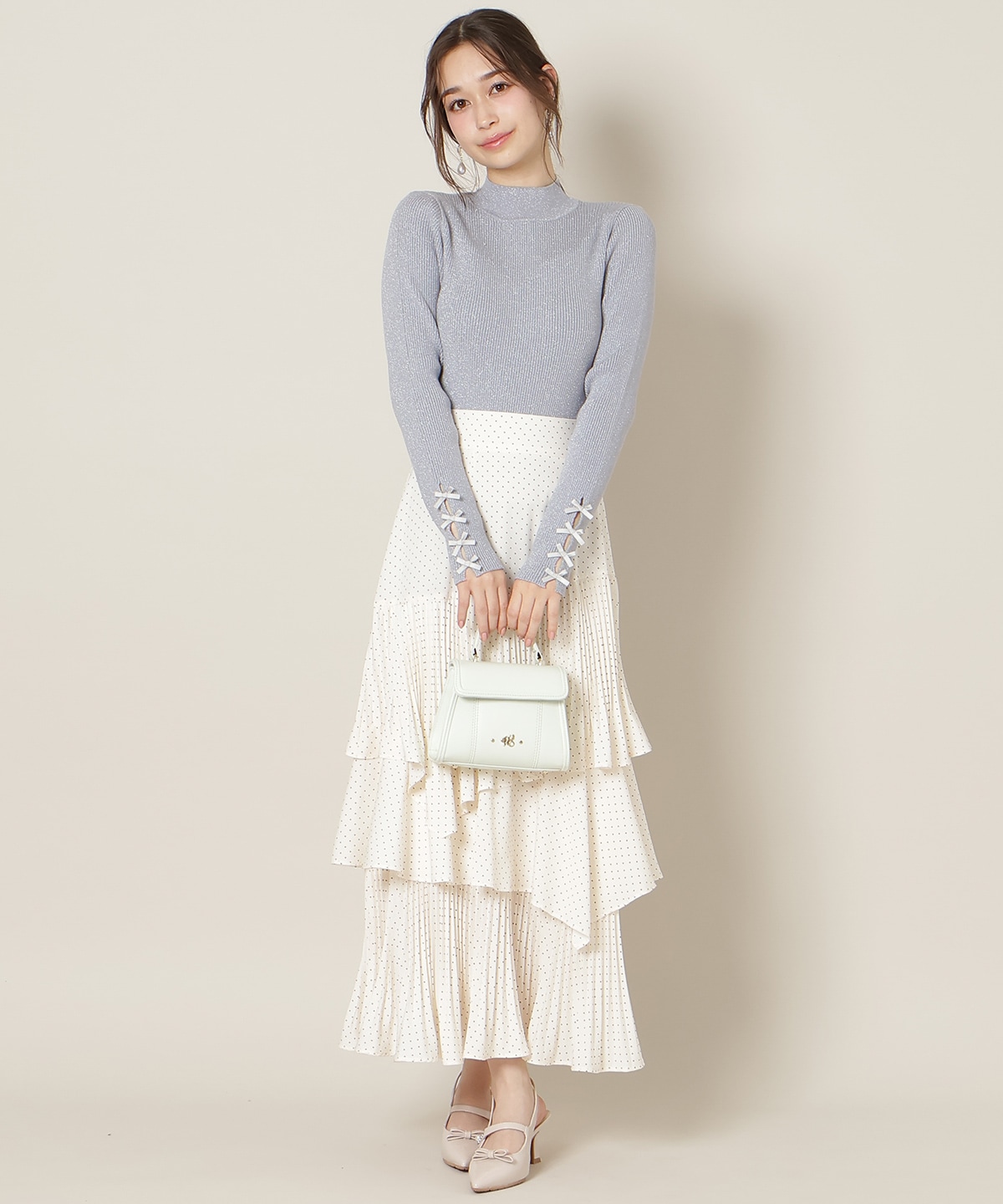 袖リボンラメリブニット