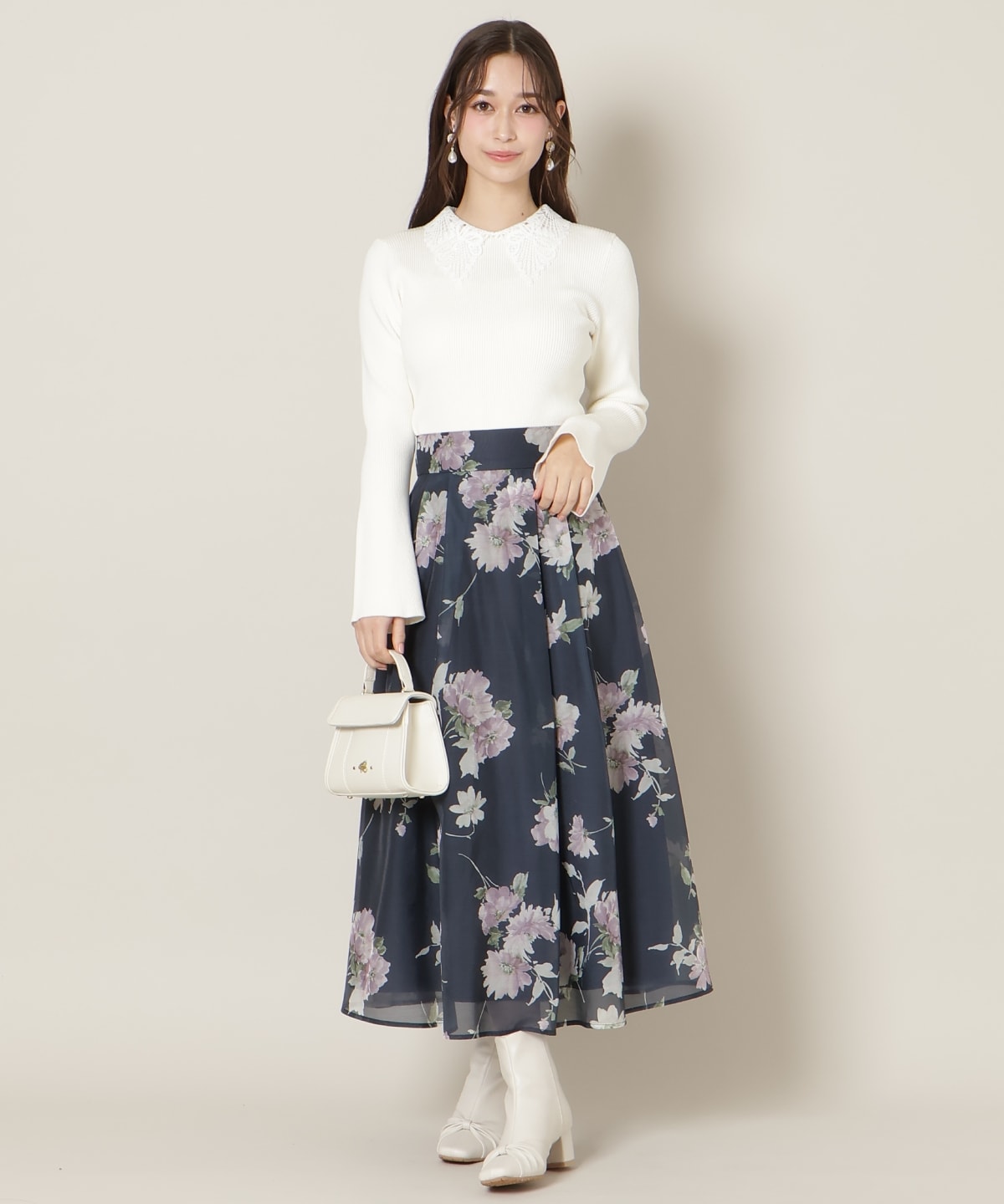 リボンレースカラーフレアスリーブニット