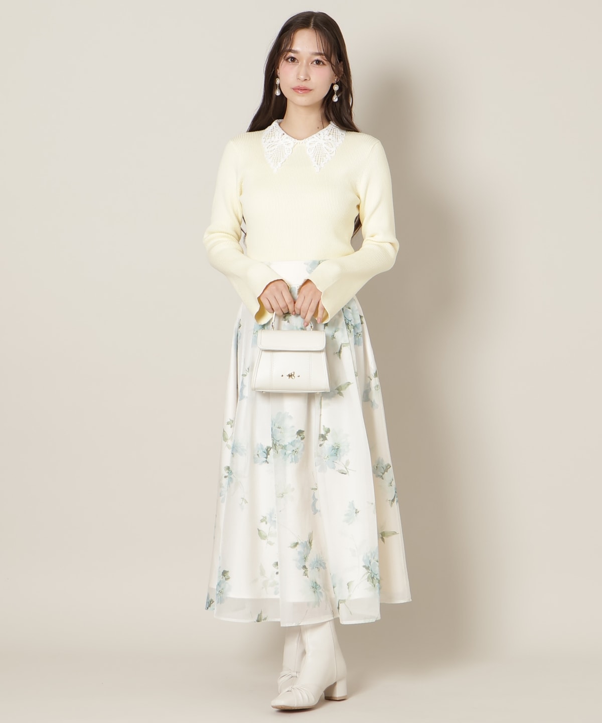 リボンレースカラーフレアスリーブニット