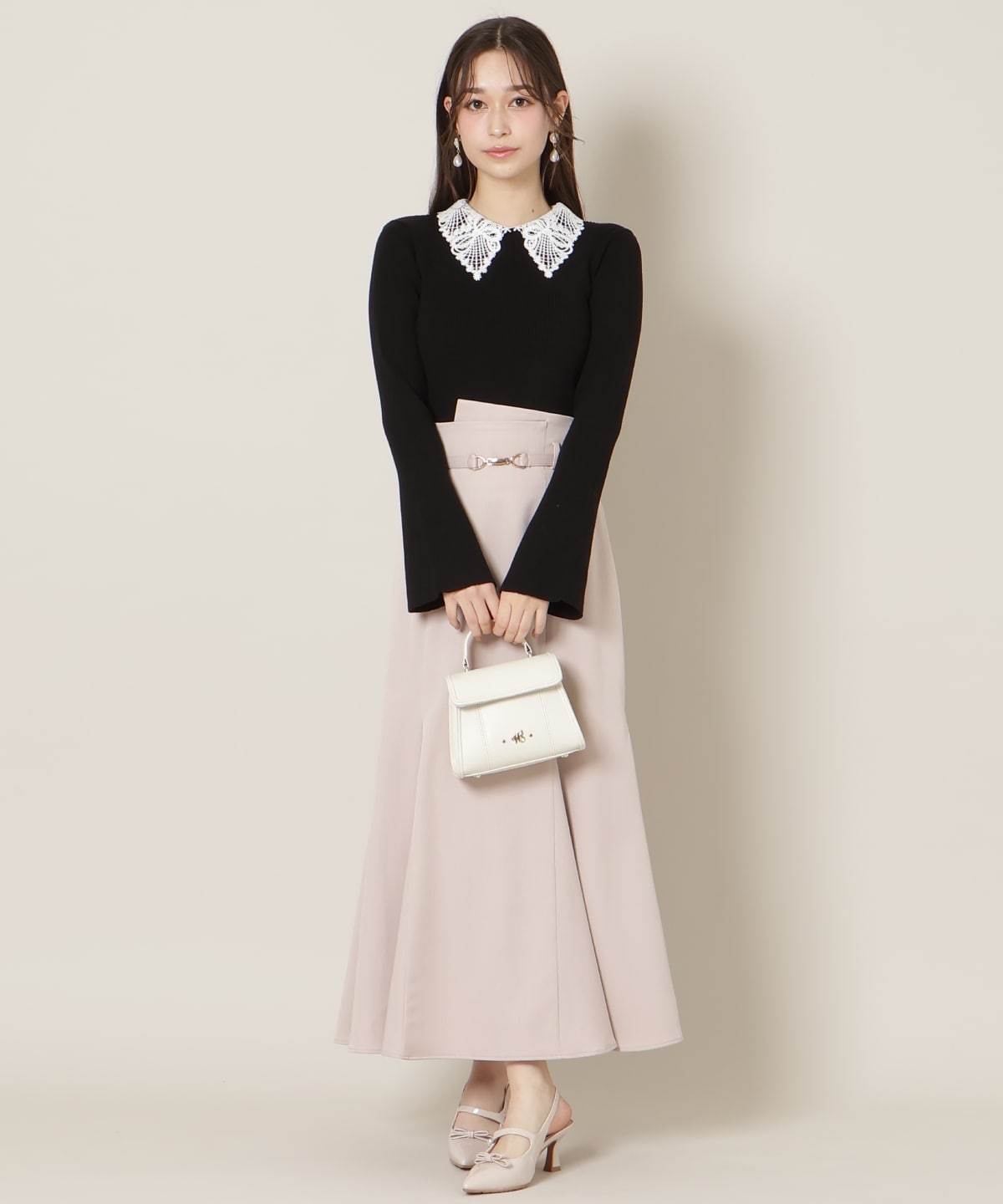 リボンレースカラーフレアスリーブニット