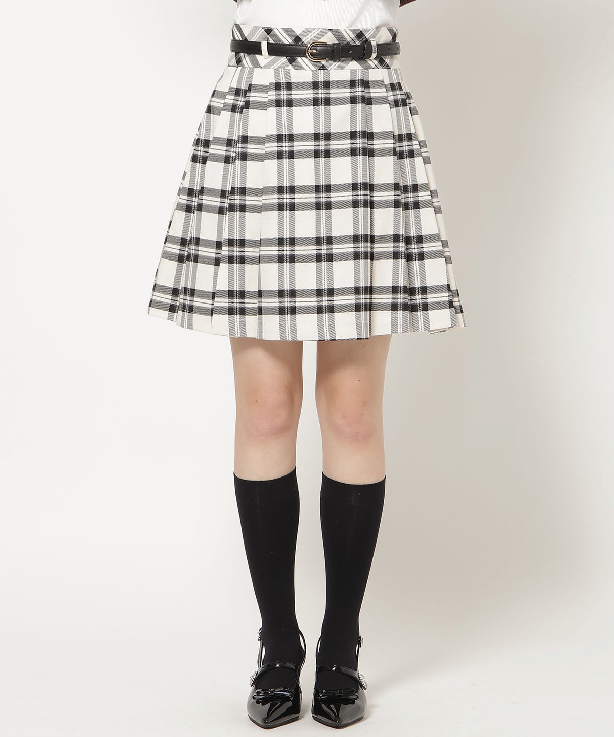 ベルト付きタックプリーツミニスカート
