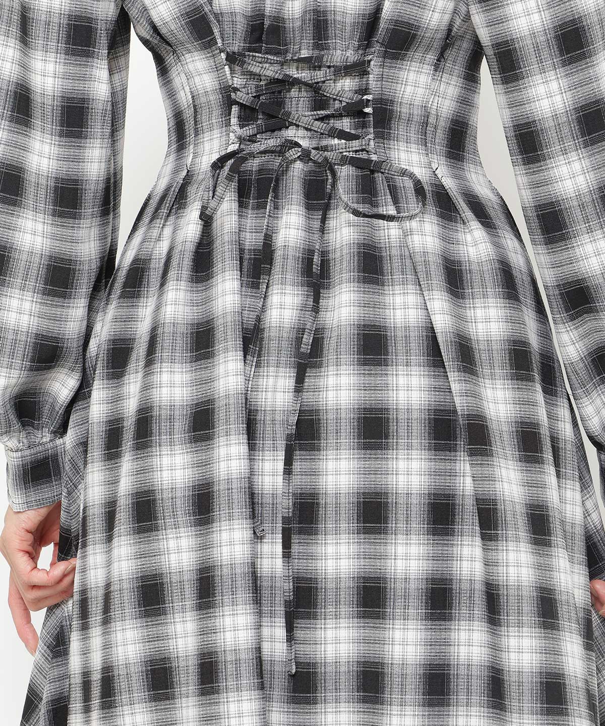 チェックウエストタックワンピース