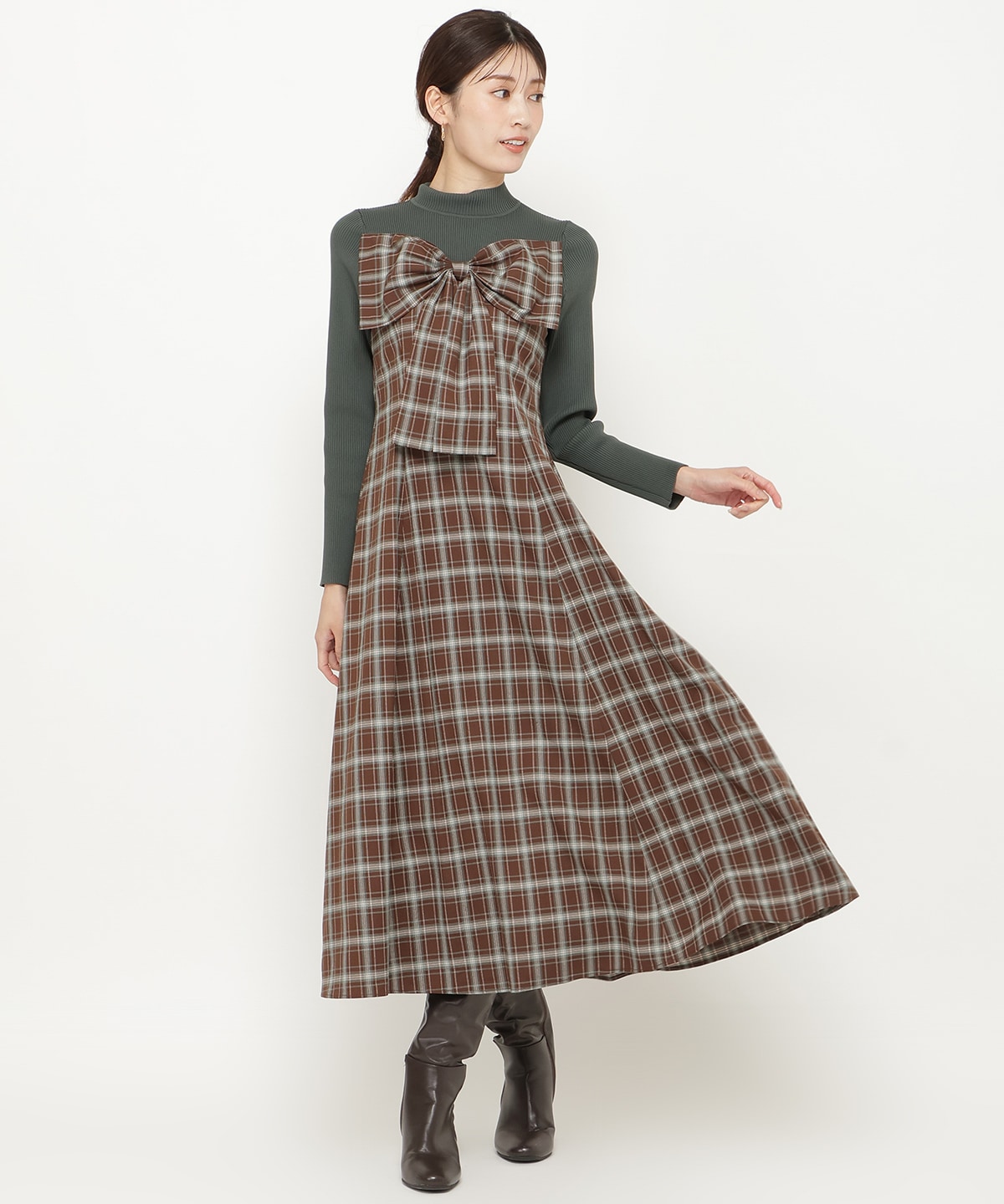チェックリボン切替ワンピース