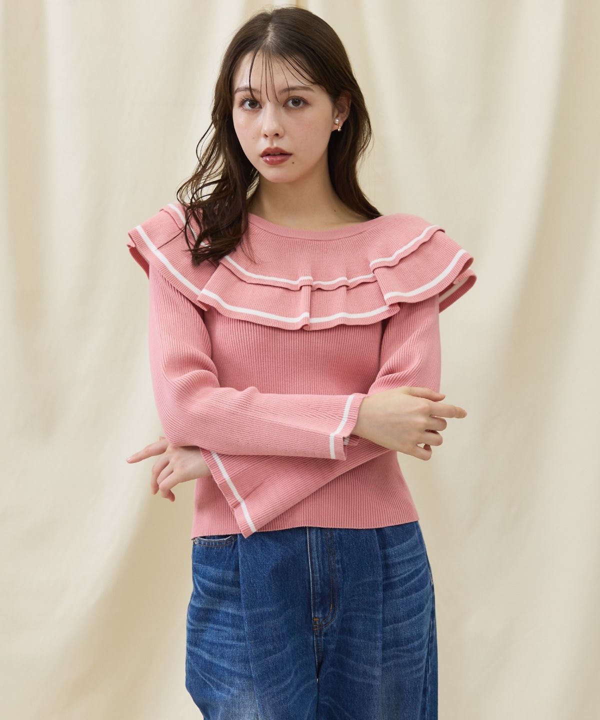 配色ケープフリルニット