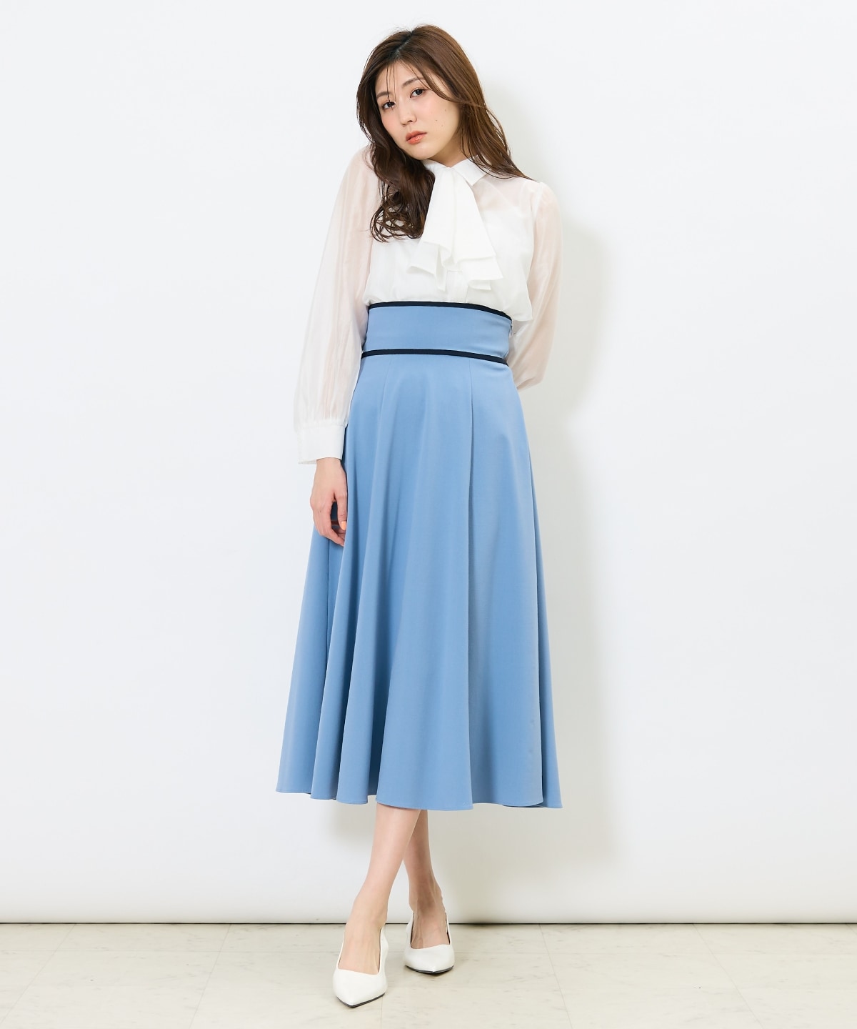 リボンタイ付きオーガンジーシャツ