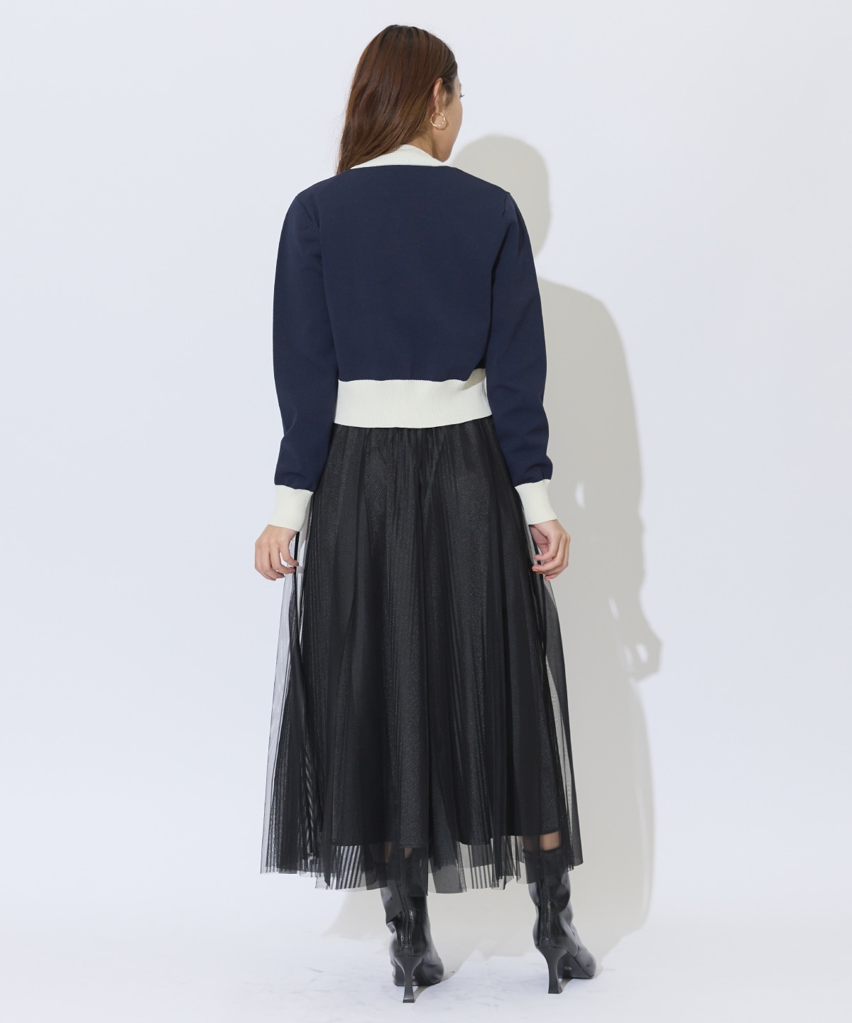 ウエストリブサイドラインストライプ×チュールロングスカート