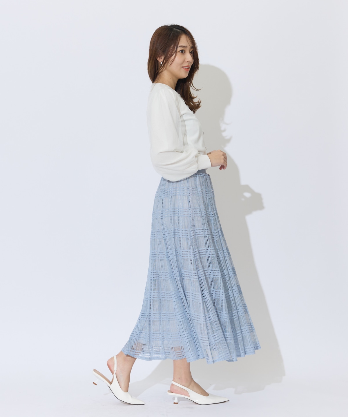 ウエストリブメッシュチェックロングスカート