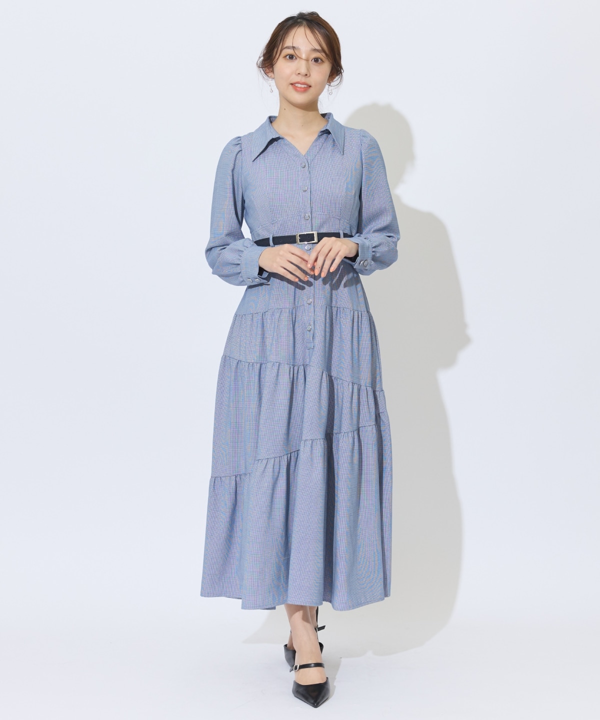 ラメ千鳥ティアードシャツワンピース