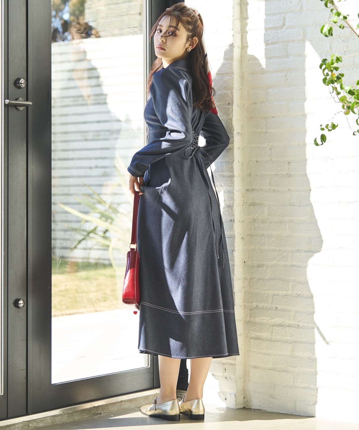 デニムライク前ボタンワンピース