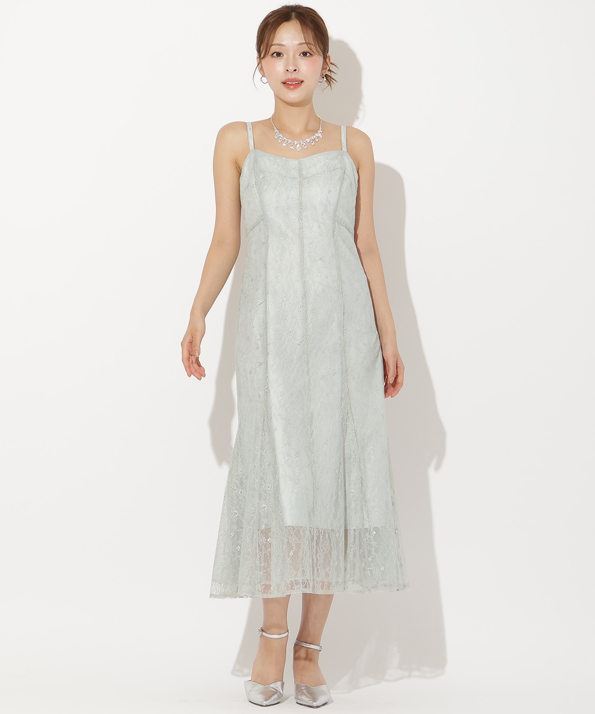 チュールフリルブラウス+レースキャミドレス