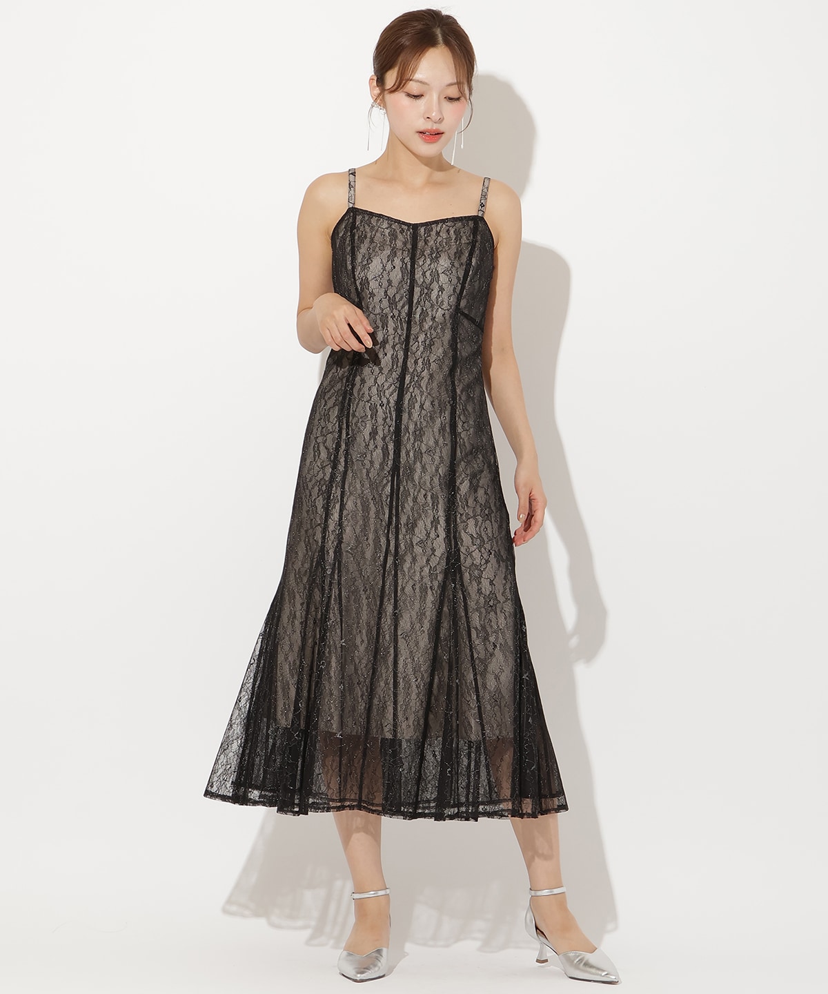 チュールフリルブラウス+レースキャミドレス