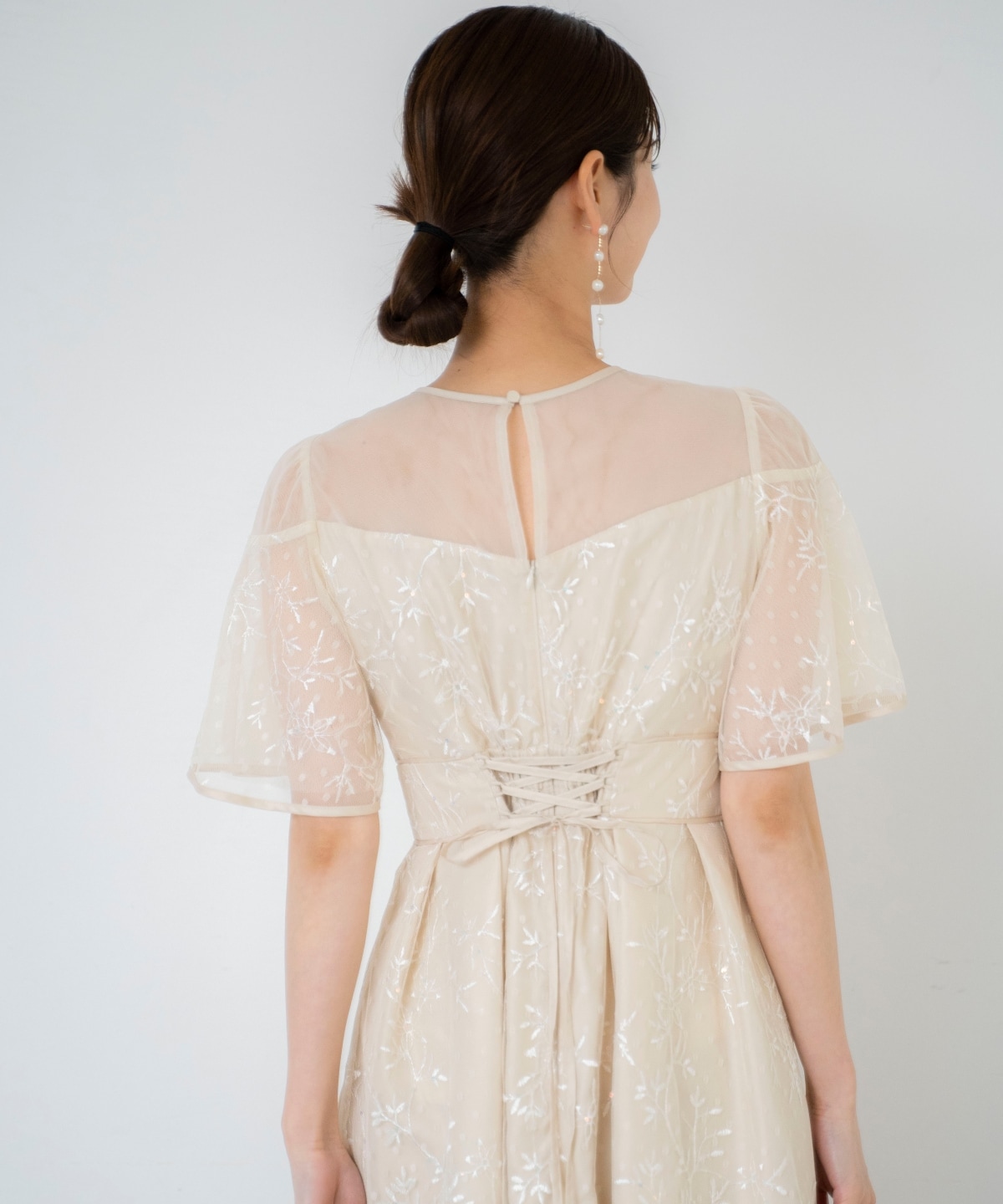 小花柄刺繍ドットチュールドレス