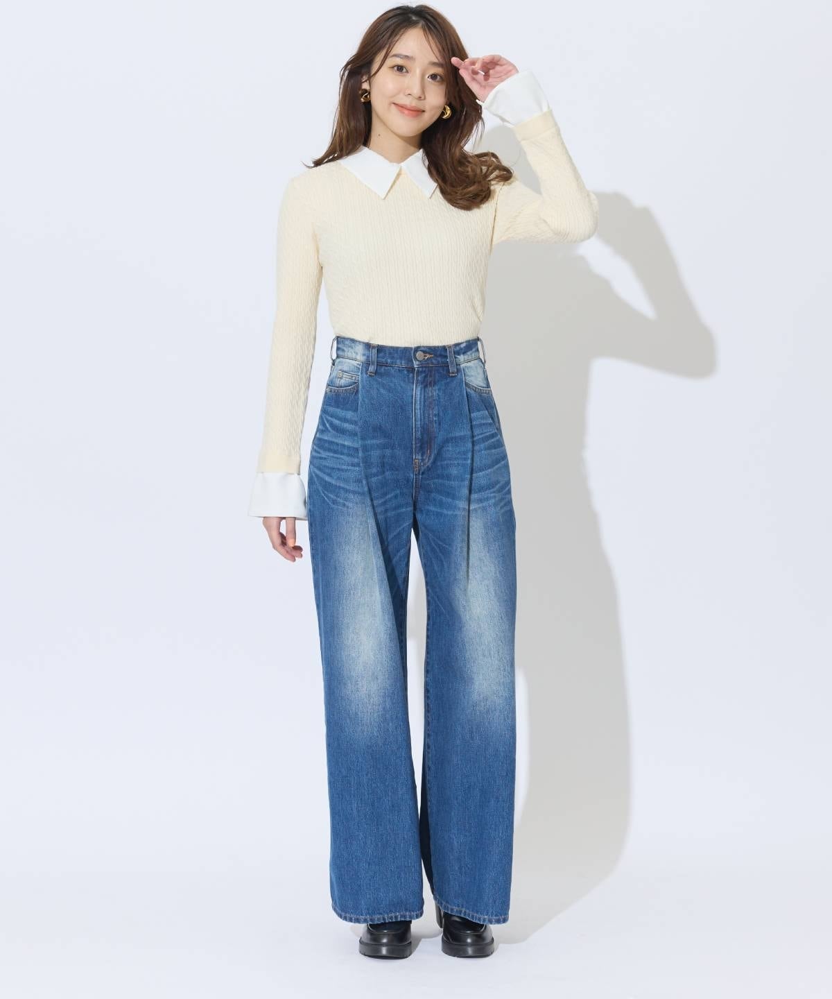 シャツレイヤード風ケーブル編みプルオーバー