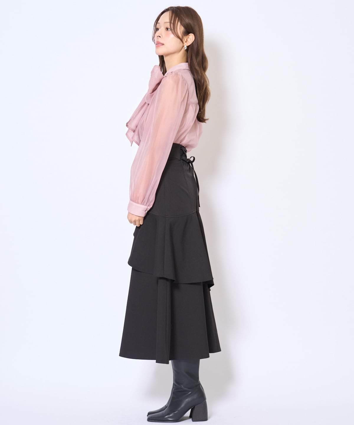 バタフライリボンシアー長袖ブラウス