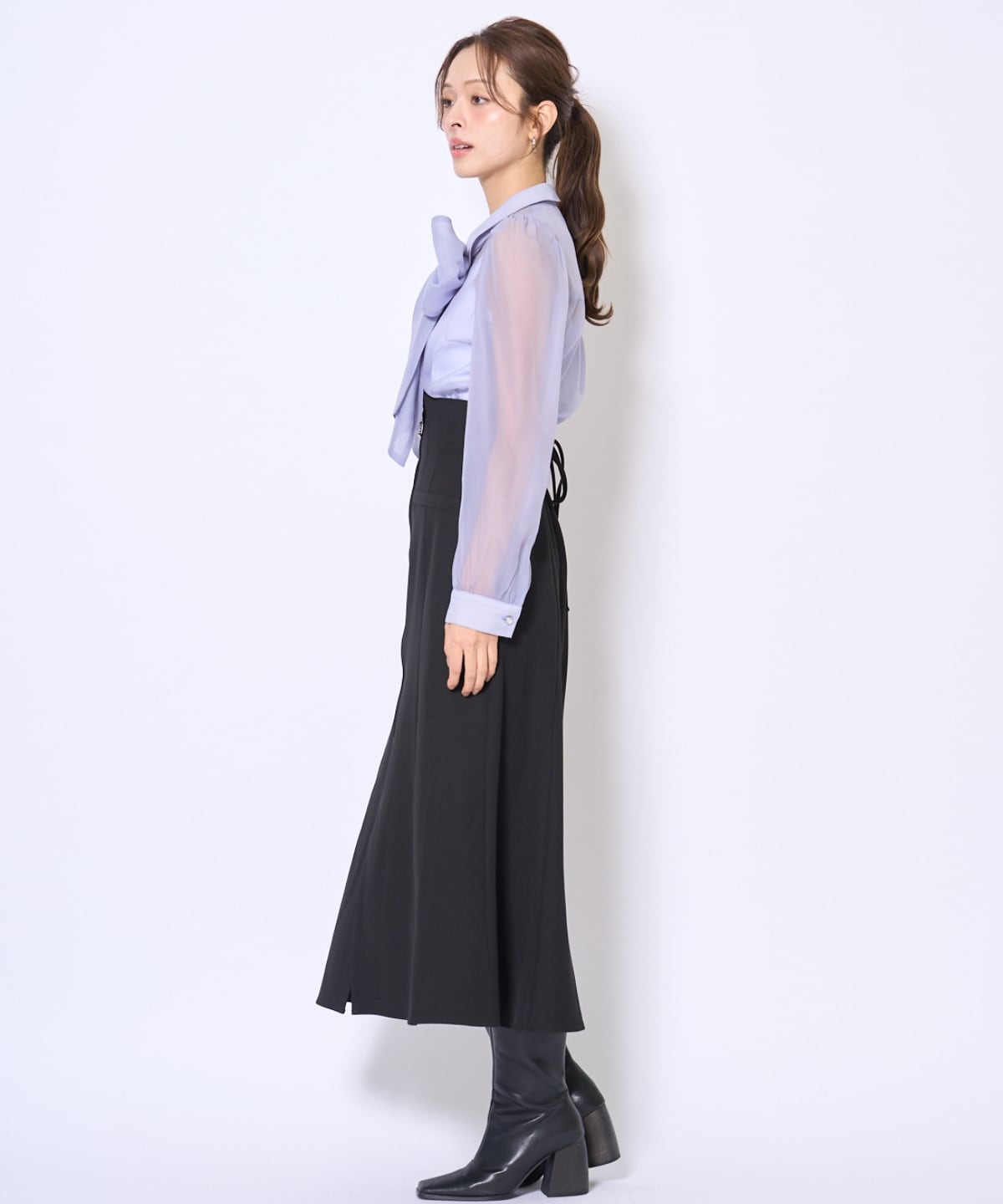 バタフライリボンシアー長袖ブラウス