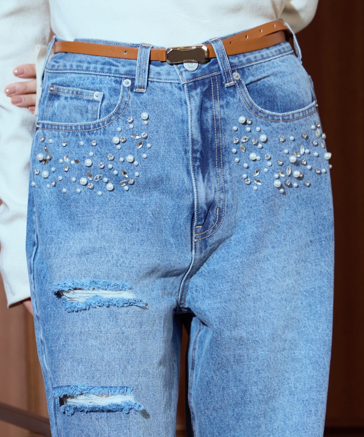 パール×ビジューダメージデニム